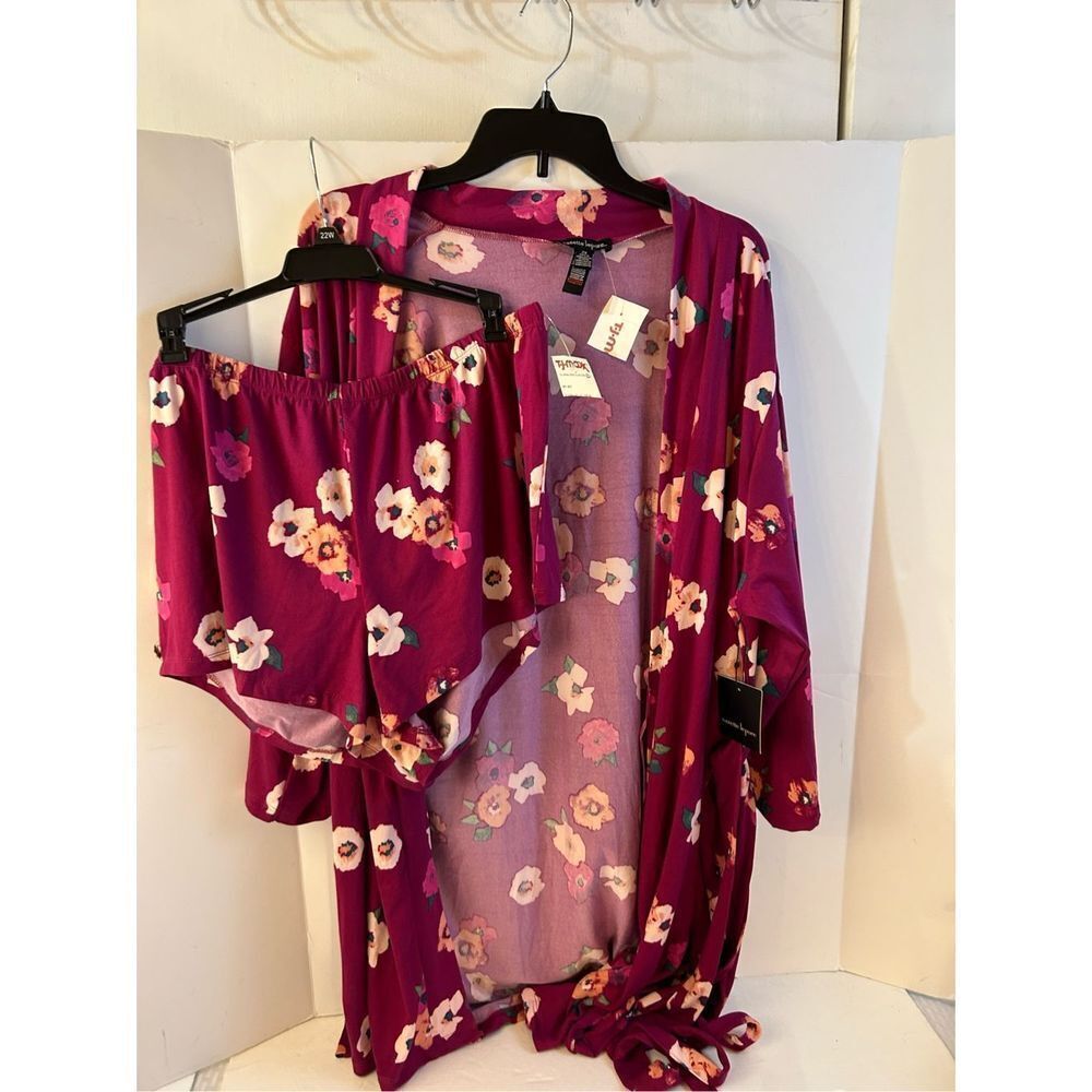 Nanette Lepore 2xl pajamas robe & shorts set new Burgundy‎ Flowers rn #93010
